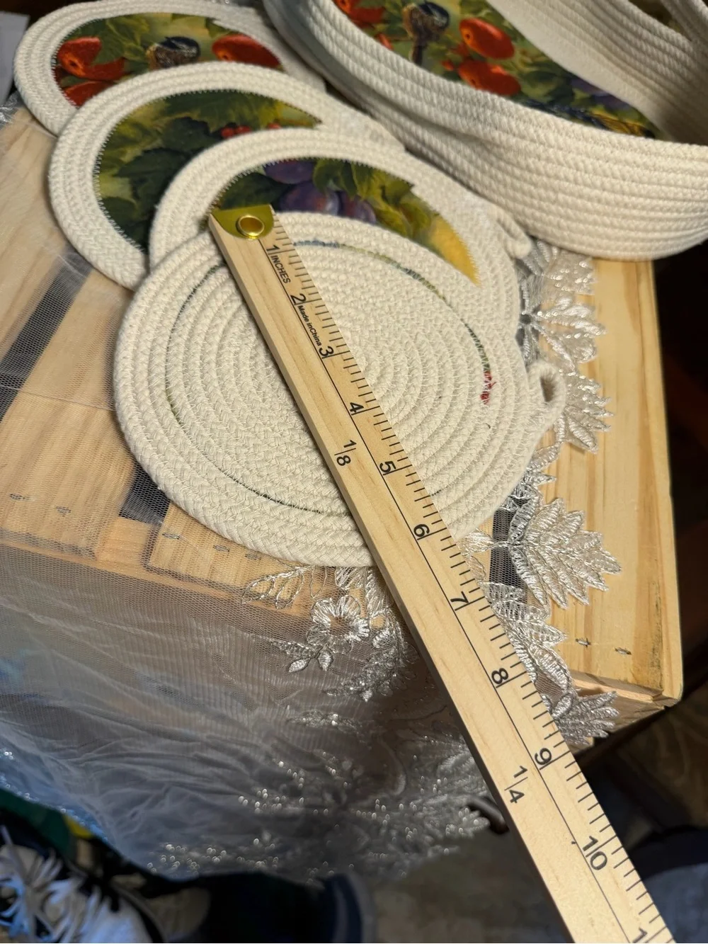 Cream Rope Basket and Bird & Fruit Coaster Set - Cream
